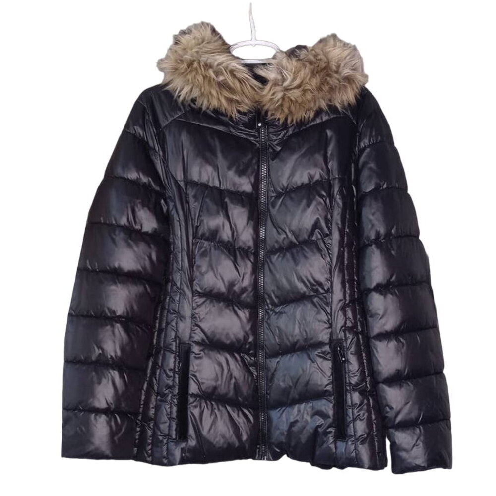 INC International Concepts Puffer W/ Fur Trimmed Hood Woman's Size XL Dark Gray